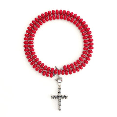 00--RED COLOR JADE NECKLACE W/ SKULL CROSS PENDANT--24"