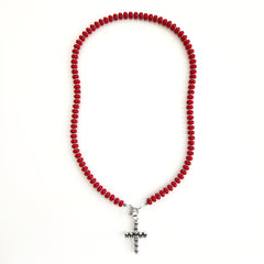 00--RED COLOR JADE NECKLACE W/ SKULL CROSS PENDANT--24"
