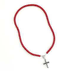 00--RED COLOR JADE NECKLACE W/ SKULL CROSS PENDANT--24"