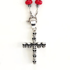 00--RED COLOR JADE NECKLACE W/ SKULL CROSS PENDANT--24"
