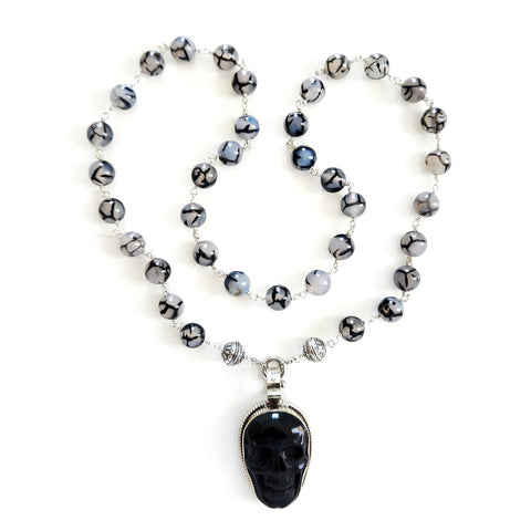 00--BLACK WHITE DRAGON VEIN AGATE NECKLACE W/ SKULL PENDANT-27"