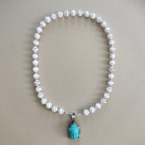 0--WHITE STRIPE TIBETAN AGATE NECKLACE W/ BUDDHA PENDANT--20"