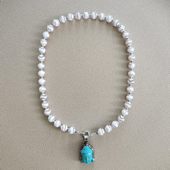 0--WHITE STRIPE TIBETAN AGATE NECKLACE W/ BUDDHA PENDANT--20"