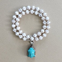 0--WHITE STRIPE TIBETAN AGATE NECKLACE W/ BUDDHA PENDANT--20"