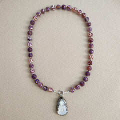 0--PURPLE TIBETAN AGATE NECKLACE W/ MOTHER OF PEARL BUDDHA--20"