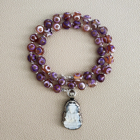 0--PURPLE TIBETAN AGATE NECKLACE W/ MOTHER OF PEARL BUDDHA--20"