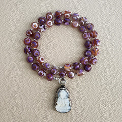 0--PURPLE TIBETAN AGATE NECKLACE W/ MOTHER OF PEARL BUDDHA--20"
