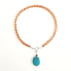 0--ORANGE JADE NECKLACE W/ TURQUOISE DROP--16"
