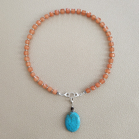 0--ORANGE JADE NECKLACE W/ TURQUOISE DROP--16"