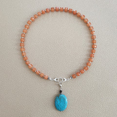 0--ORANGE JADE NECKLACE W/ TURQUOISE DROP--16"