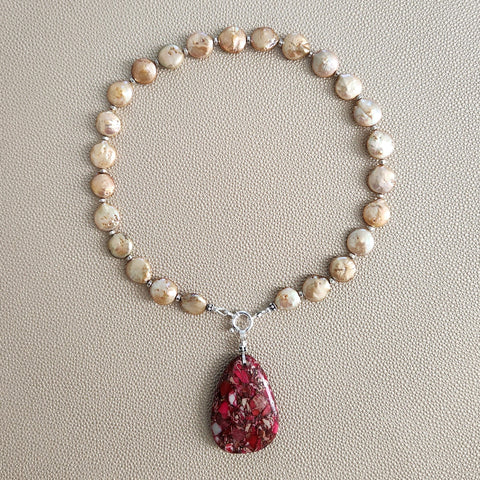0--GOLD PEARL NECKLACE W/ RED JASPER DROP--16"