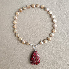 0--GOLD PEARL NECKLACE W/ RED JASPER DROP--16"