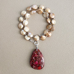 0--GOLD PEARL NECKLACE W/ RED JASPER DROP--16"