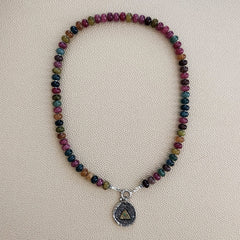 0--JEWEL TONED JADE NECKLACE W/ 925 EYE PENDANT--18"