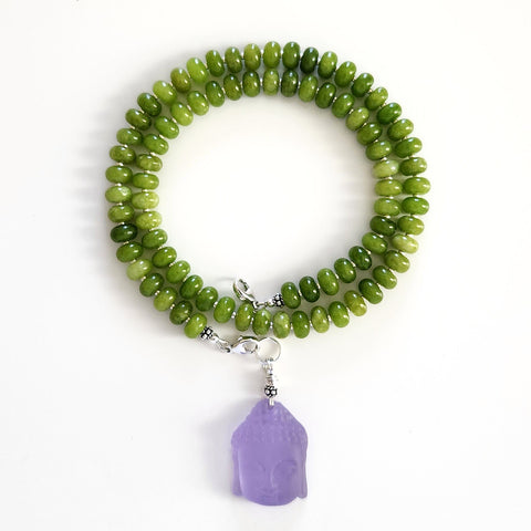 0--GREEN COLOR JADE NECKLACE W/ PURPLE BUDDHA--20"