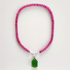 0--FUCHSIA JADE NECKLACE W/ GREEN BUDDHA PENDANT--20"