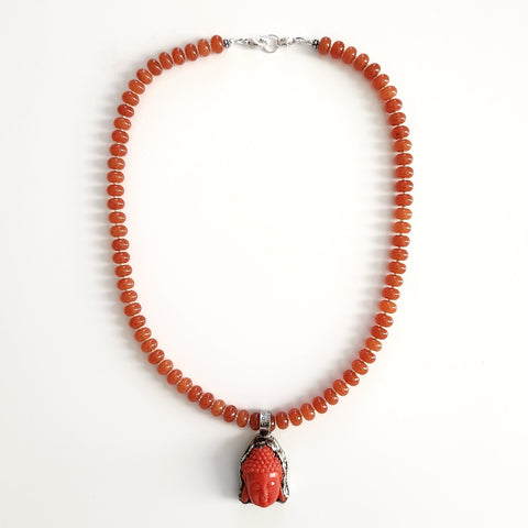 0--ORANGE COLOR JADE NECKLACE W/ ORANGE BUDDHA PENDANT--20"