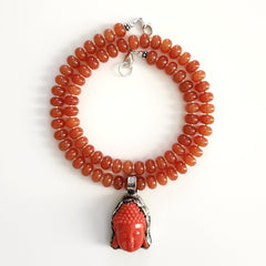 0--ORANGE COLOR JADE NECKLACE W/ ORANGE BUDDHA PENDANT--20"