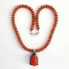0--ORANGE COLOR JADE NECKLACE W/ ORANGE BUDDHA PENDANT--20"