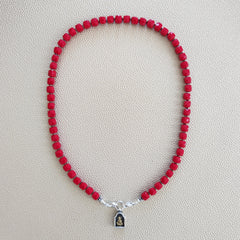 0--RED 6MM CUBE JADE NECKLACE W/ MINI BUDDHA AMULET--18"