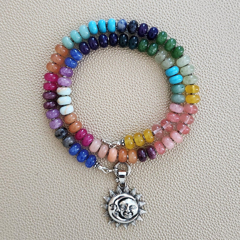 0--HAPPY IN HALIEWA MULTI GEMSTONE NECKLACE W/ SUN & MOON PENDANT--19"