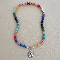 0--HAPPY IN HALIEWA MULTI GEMSTONE NECKLACE W/ SUN & MOON PENDANT--19"
