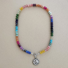 0--HAPPY IN HALIEWA MULTI GEMSTONE NECKLACE W/ SUN & MOON PENDANT--19"