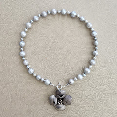 0--SILVER PEARL NECKLACE W/ CAMELLIA PENDANT--16"