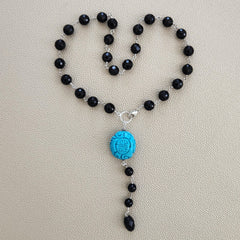 BLACK ONYX NECKLACE W/ CARVED BEAD-18"