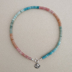 0--MINI SUNRISE MULTI-COLORED GEMSTONE NECKLACE W/ 925 LOTUS--16"