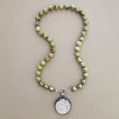 0--GREEN AFRICAN DENDRITIC OPAL NECKLACE W/ KWAN YIN--20"