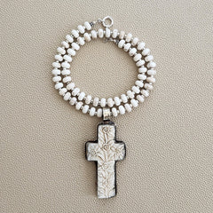 0--WHITE HOWLITE TURQUOISE NECKLACE W/ CARVED CROSS--18"