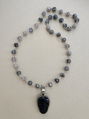 00--BLACK WHITE DRAGON VEIN AGATE NECKLACE W/ SKULL PENDANT-27"
