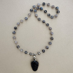00--BLACK WHITE DRAGON VEIN AGATE NECKLACE W/ SKULL PENDANT-27"