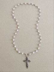 ROSE QUARTZ NECKLACE WITH CROSS PENDANT--20"