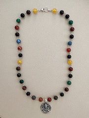 MIXED AGATE NECKLACE WITH GANESH PENDANT-24"