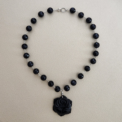 BLUE TIGERS EYE WITH BLACK ROSE NECKLACE-19"