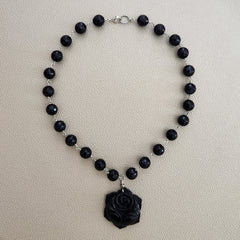 BLUE TIGERS EYE WITH BLACK ROSE NECKLACE-19"