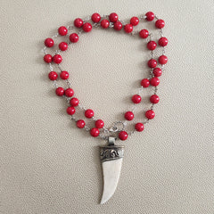 RED CORAL NECKLACE WITH BONE CLAW PENDANT-33IN