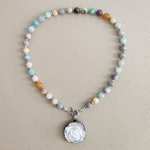 0--CHAKRA GEMSTONE NECKLACE W/ 925 MOTHER OF PEARL ROSE PENDANT-16"