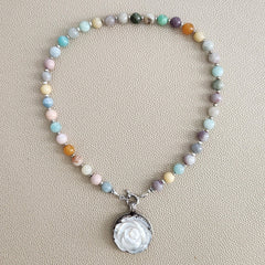 0--CHAKRA GEMSTONE NECKLACE W/ 925 MOTHER OF PEARL ROSE PENDANT-16"