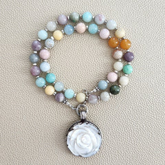 0--CHAKRA GEMSTONE NECKLACE W/ 925 MOTHER OF PEARL ROSE PENDANT-16"