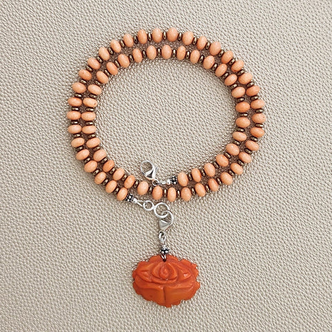 ORANGE CORAL NECKLACE W/ CARVED ROSE-18"
