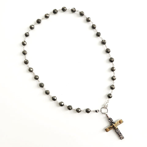 PYRITE NECKLACE WITH EAGLE CROSS PENDANT-20"