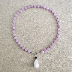 0--STAR CUT LAVENDER JADE NECKLACE W/ PEARL DROP--16"