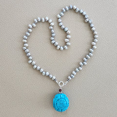 0--SILVER PEARL NECKLACE W/ CARVED PENDANT--18"