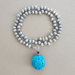 0--SILVER PEARL NECKLACE W/ CARVED PENDANT--18"