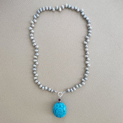 0--SILVER PEARL NECKLACE W/ CARVED PENDANT--18"