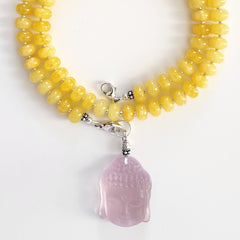 0--YELLOW JADE NECKLACE W/ PINK BUDDHA PENDANT--20"