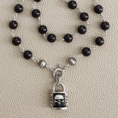 00--GARNET NECKLACE W/ 925 SILVER SKULL LOCK-24"